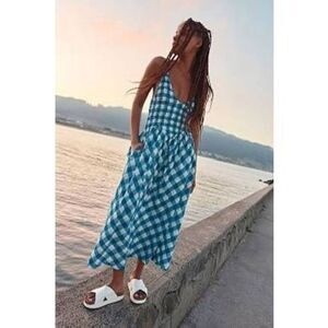 Free People Vera Midi Dress Blue Gingham Smocked Strappy Back XS
